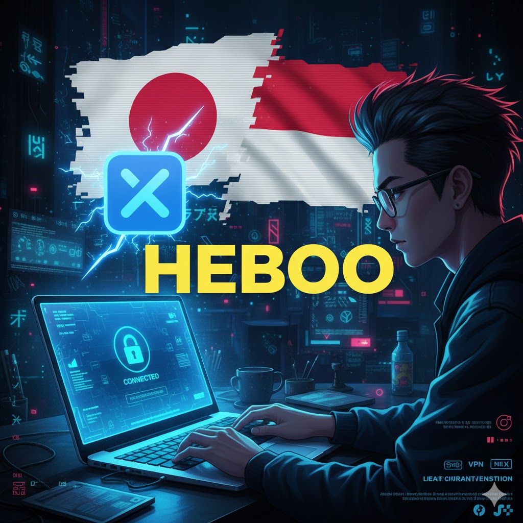 GAMBAR: Ilustrasi orang muda lagi duduk di depan laptop dengan VPN aktif, background campur bendera Jepang dan Indonesia, plus ikon X (Twitter) yang lagi trending dengan kata 'heboh', style cyberpunk neon untuk bikin eye-catching.